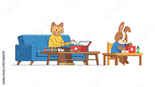 Cute cat and rabbit characters with medical first aid kit vector