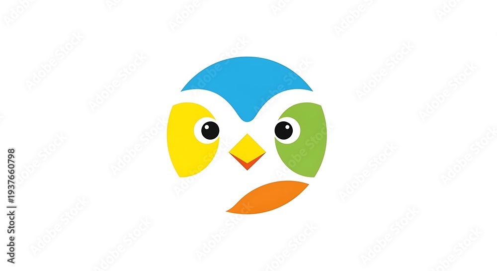 Fototapeta premium Vibrant stylized owl face with colorful feathers and big eyes
