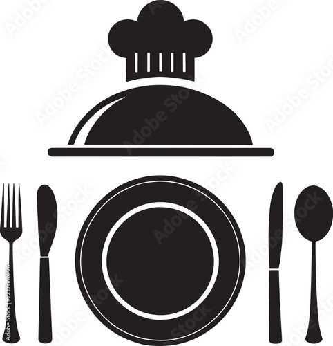 Black chef hat cloche dish fork knife spoon and plate set dish cover