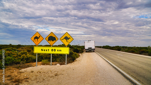 wildlife warning sign next 88 km along Eyre Highway Australia