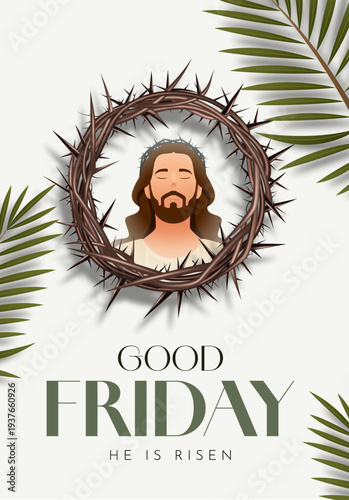 Good Friday Poster Design with  Illustration of Jesus Christ on the Crown of the Thorns and Palm Leaves