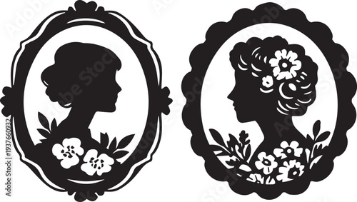 Cameo Women with vintage frame black silhouette isolated on white backgound 