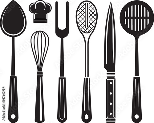 Black kitchen utensils including chef hat cooking tools black kitchenware cooking equipment