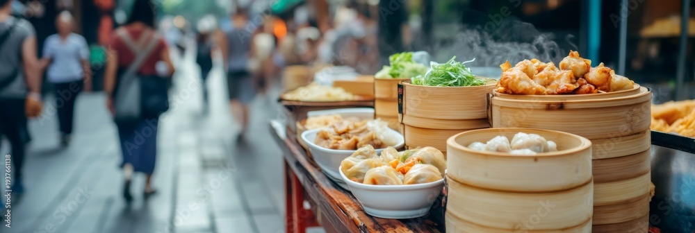 Fototapeta premium Delicious street food is being served from steaming bamboo baskets at a vibrant summer market, enticing tourists with aromatic flavors and cultural experiences
