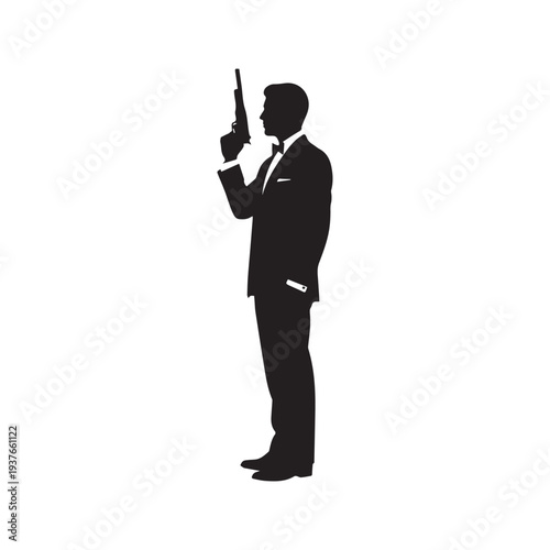 Black Silhouette of a Secret Agent in a Tuxedo Holding a Pistol Gun Isolated on White Background
