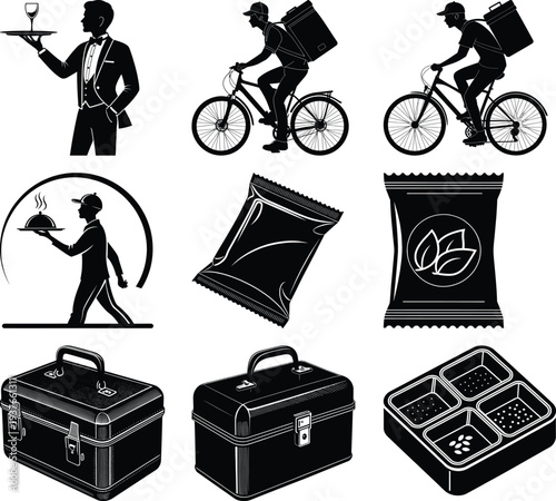 Black silhouette of service delivery and food presentation waiter serving wine glass on tray silhouette