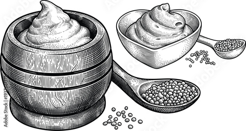 Mustard sauce in wooden bowl with spoons and seeds vintage engraving art design
