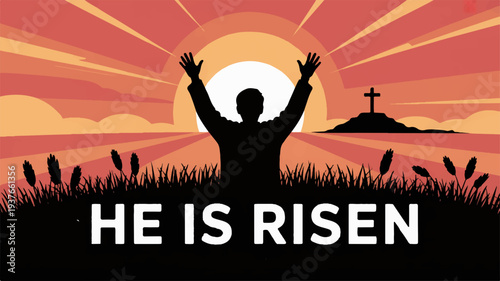 Silhouette of a person with arms raised in praise at sunrise with cross on hill