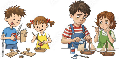 Children building model boats, creative craft activity, teamwork learning, painting and decorating, scissors and glue, imaginative play, childhood creativity