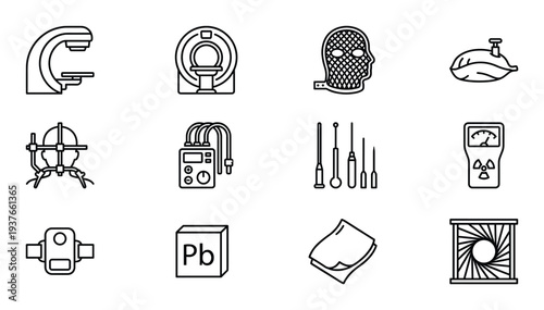 Radiology equipment vector linear icons for medical diagnostics and radiation therapy isolated