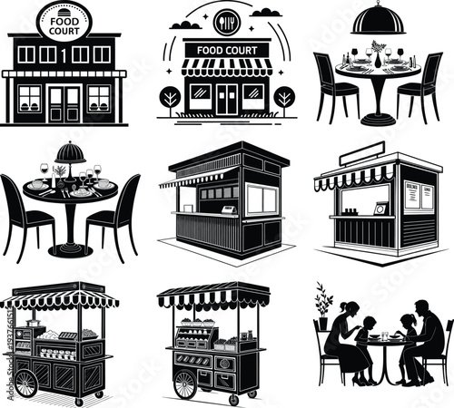 Collection of black and white food court and dining scenes food court building outdoor food stall family eating