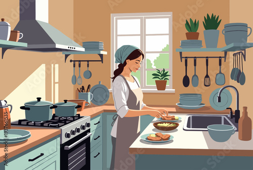 Woman cooking in a modern kitchen with various utensils and appliances surrounding her while preparing a meal