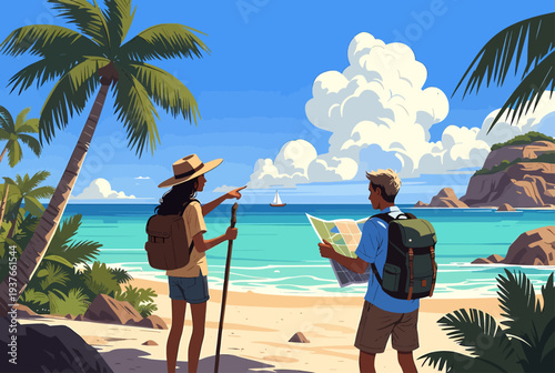 Couple explores tropical beach paradise with palm trees and crystal clear waters from a sandy shore viewpoint