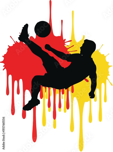 Soccer player silhouette kicking ball with red and yellow paint splatter background vector illustration