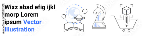 Education, business, e-commerce, technology, strategy, innovation. Open book, globe chess piece shopping cart and cube. Education and business strategy concepts illustrated clearly