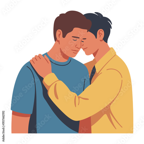 Tender moment of two men sharing a comforting embrace