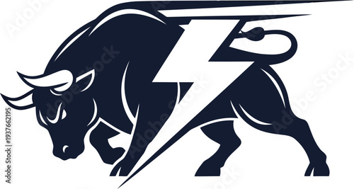Powerful bull mascot with lightning bolt symbol for energy and speed branding