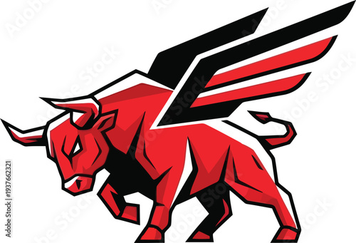 Red winged bull mascot charging for esports team or energy brand identity