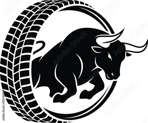 Powerful bull mascot charging through rubber tire for automotive racing shop