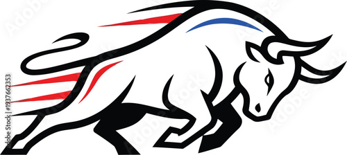 Dynamic speed bull mascot with red and blue motion trails for racing logo