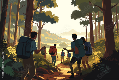Group of hikers with backpacks walking on a forest trail surrounded by tall trees and lush greenery on a sunny day