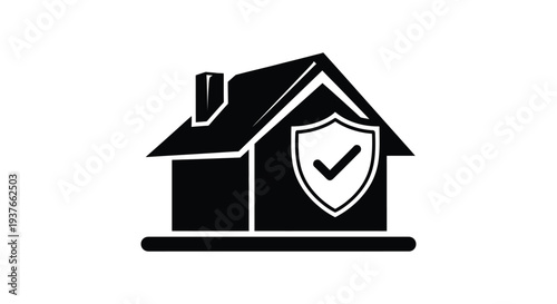 Black house vector illustration graphic with a security shield and an approved checkmark symbol.