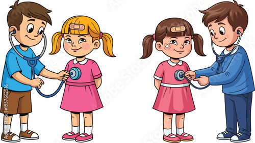 Children playing doctor and patient, stethoscope role play, healthcare empathy learning, imaginative childhood activity, cartoon illustration