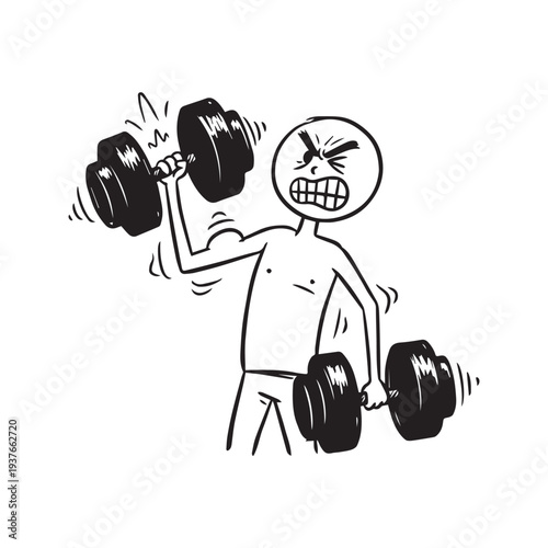 Stick Figure Lifting Heavy Dumbbells Illustration - Funny Cartoon Gym Workout Line Art
