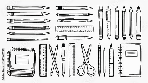 Stationery and office supplies including pens pencils notebooks scissors and rulers arranged neatly on a white background for organization
