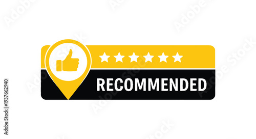 Vector graphic illustration featuring a recommended badge, thumbs-up icon, and a four-star rating system.