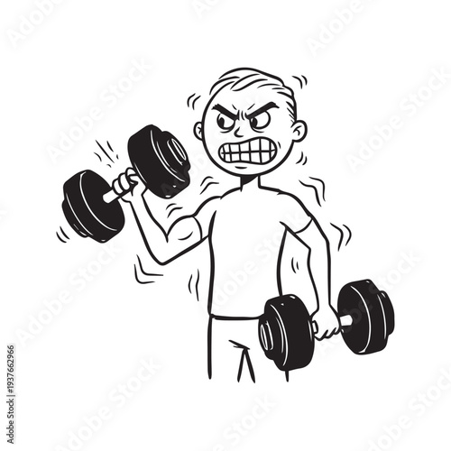 Stick Figure Lifting Heavy Dumbbells Illustration - Funny Cartoon Gym Workout Line Art

