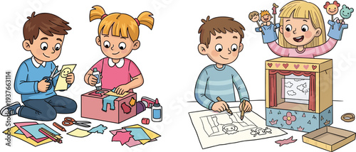 kids making DIY puppet theater, children crafting cardboard stage and paper puppets, creative art activity cartoon illustration
