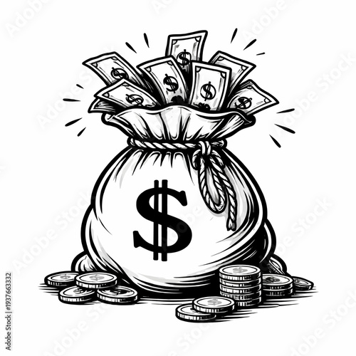 A black and white illustration of a money bag overflowing with cash and coins on a plain white background viewed from the front