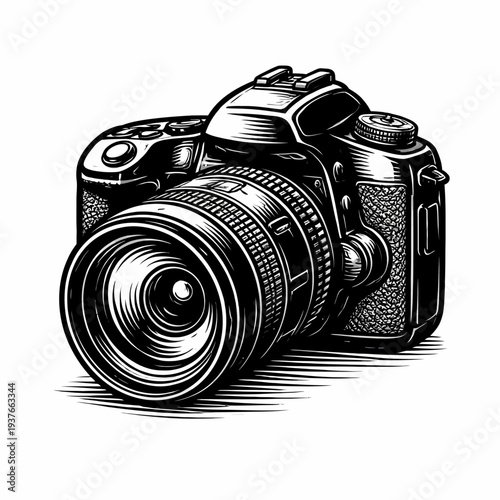 A close-up, high-contrast illustration of a digital camera with a large lens, showcasing its intricate details and textures from a slightly angled viewpoint.