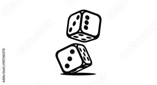 Black and white vector illustration depicting two dice falling  