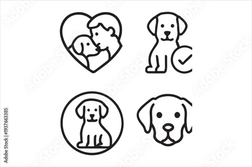 Line art depicting a woman child and dogs showing affection and companionship