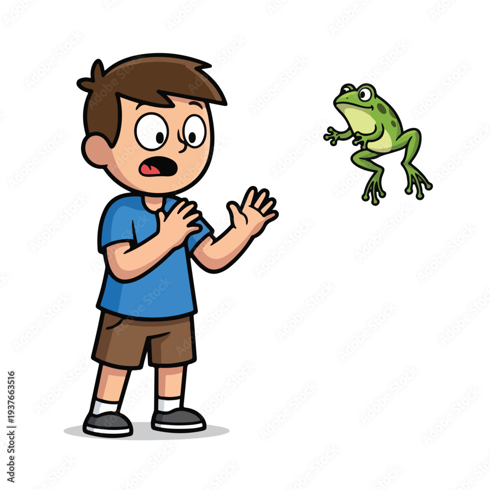 Obraz premium Boy surprised by a jumping green frog in cartoon style