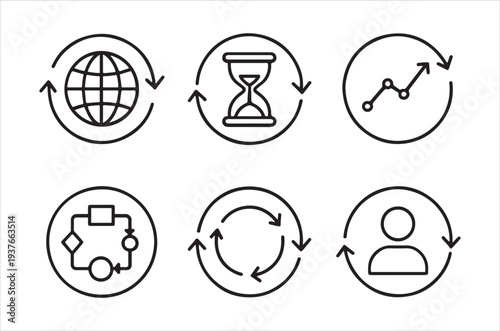 Circular icons representing global networking time growth connection and people
