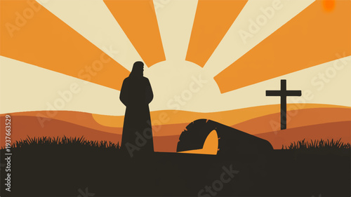 Silhouette of a person standing beside an empty tomb with a cross at sunrise or sunset