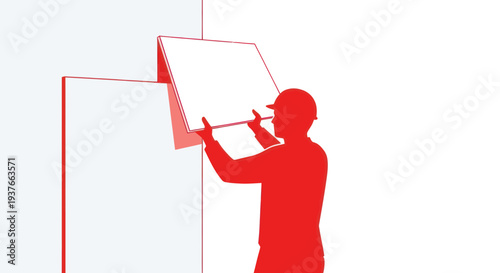Construction worker installing panel on building facade, safety helmet, red silhouette