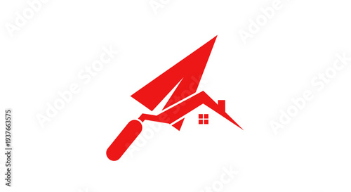 Construction Logo: Trowel Spreading Cement on House Roof
