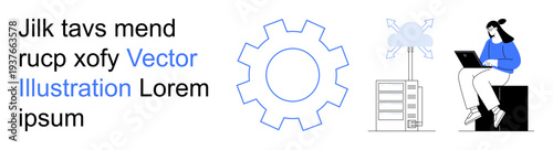 Cloud computing, data storage, remote work, technology development, digital infrastructure, IT solutions. Abstract gear with a cloud server and a woman on a laptop. Cloud computing and data storage