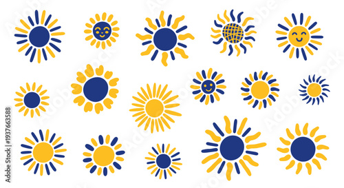 Cute Sun Illustrations: Yellow and Blue Cartoon Sun Faces and Shapes