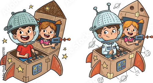 kids playing astronauts in cardboard rocket, children pretending space adventure with toy spaceship, imaginative play cartoon illustration vector