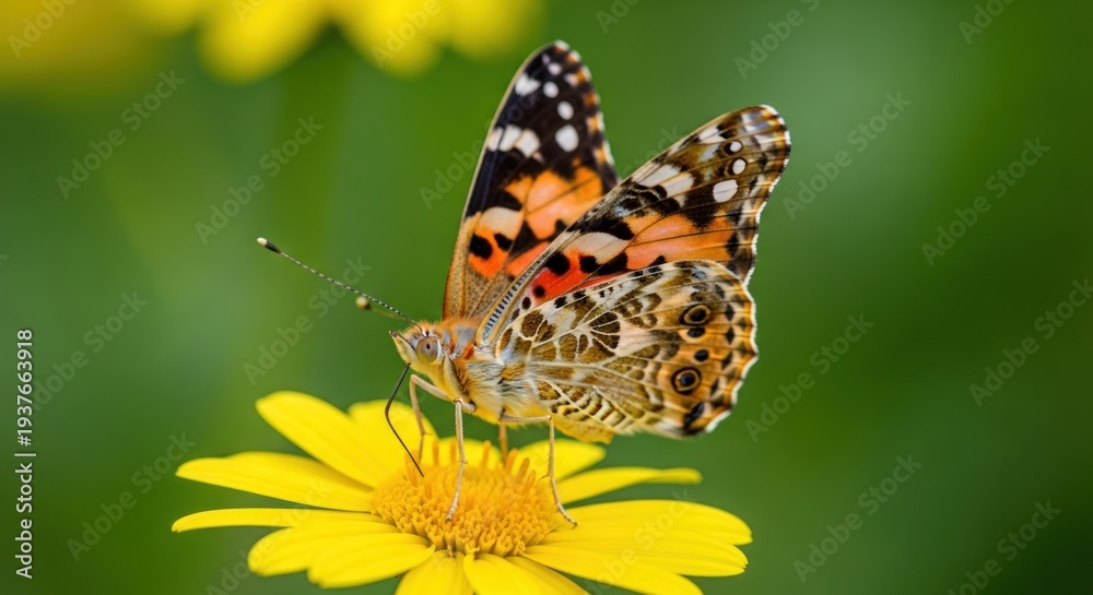 Obraz premium A vibrant butterfly with intricate patterns on its wings, perched on a yellow daisy in a garden setting.
