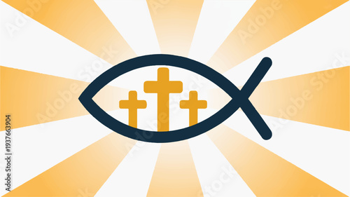 Christian symbol fish with three crosses on white and orange sunburst background