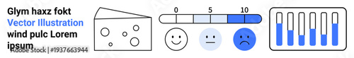 Rating scale from 0 to 10, happy faces showing satisfaction levels, graphs with progress bars, and conceptual cheese representation. Ideal for surveys, feedback, satisfaction, data analysis