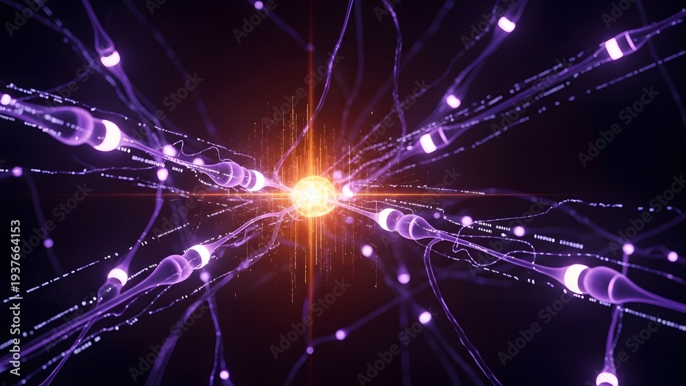 Fototapeta premium Neural network connection and brain neuron synapse activity. Neuroscience and artificial intelligence logic. Purple glowing neurons firing electrical signals across axons