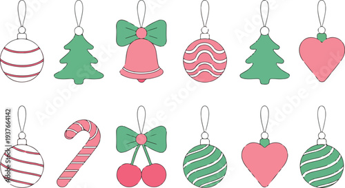 Adorable Christmas Tree Ornaments Vector Collection Including Baubles Candy Cane Heart and Holiday Decorations