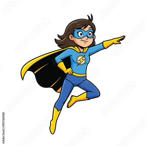 Cartoon girl superhero wearing blue costume and flying through air